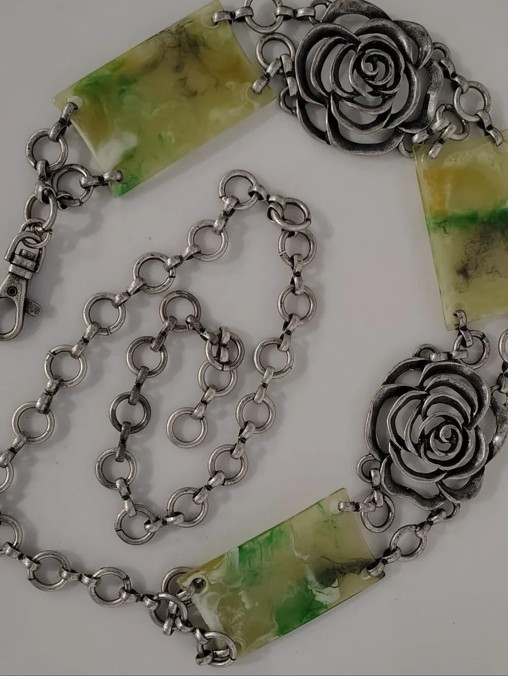 Y2K Belt Carved Metal Roses Statement Piece Silver & Marble Amber Green Inserts
